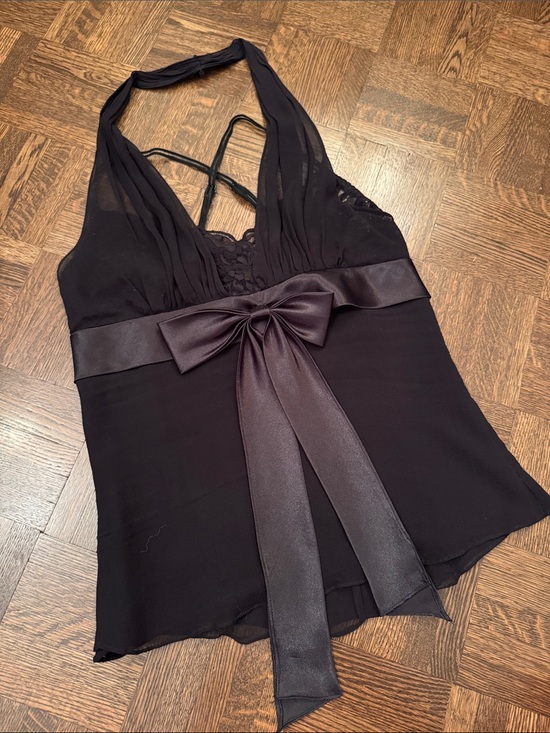 BCBGMaxAzria Tops - BCBG Black Silk blouse Halter with lace underlay Bow-Front size 2